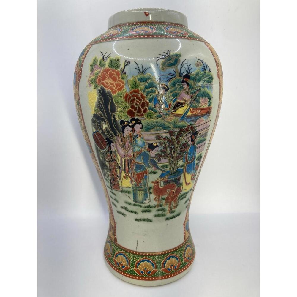 Vintage Painted Chinese Porcelain Vase 9” Women In Garden Scene Floral Patterns